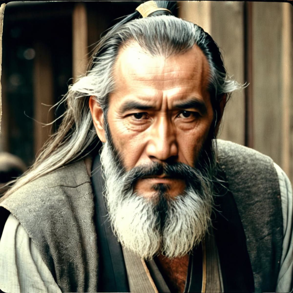analog film photo old man, sad, long beard, masterpiece, best quality, dynamic pos, ultra detailed, (samurai_clothing) . f...